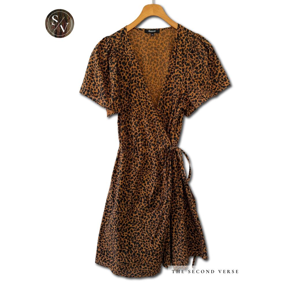 Madewell Flutter-Sleeve Wrap Mini Dress in Painted Leopard Size Medium - Picture 5 of 13